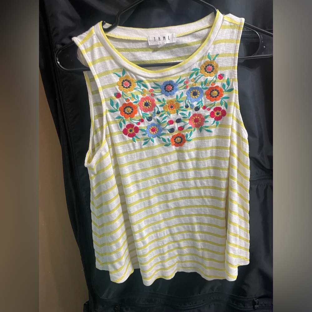 THML Yellow Striped Floral Embroidered Tank Top